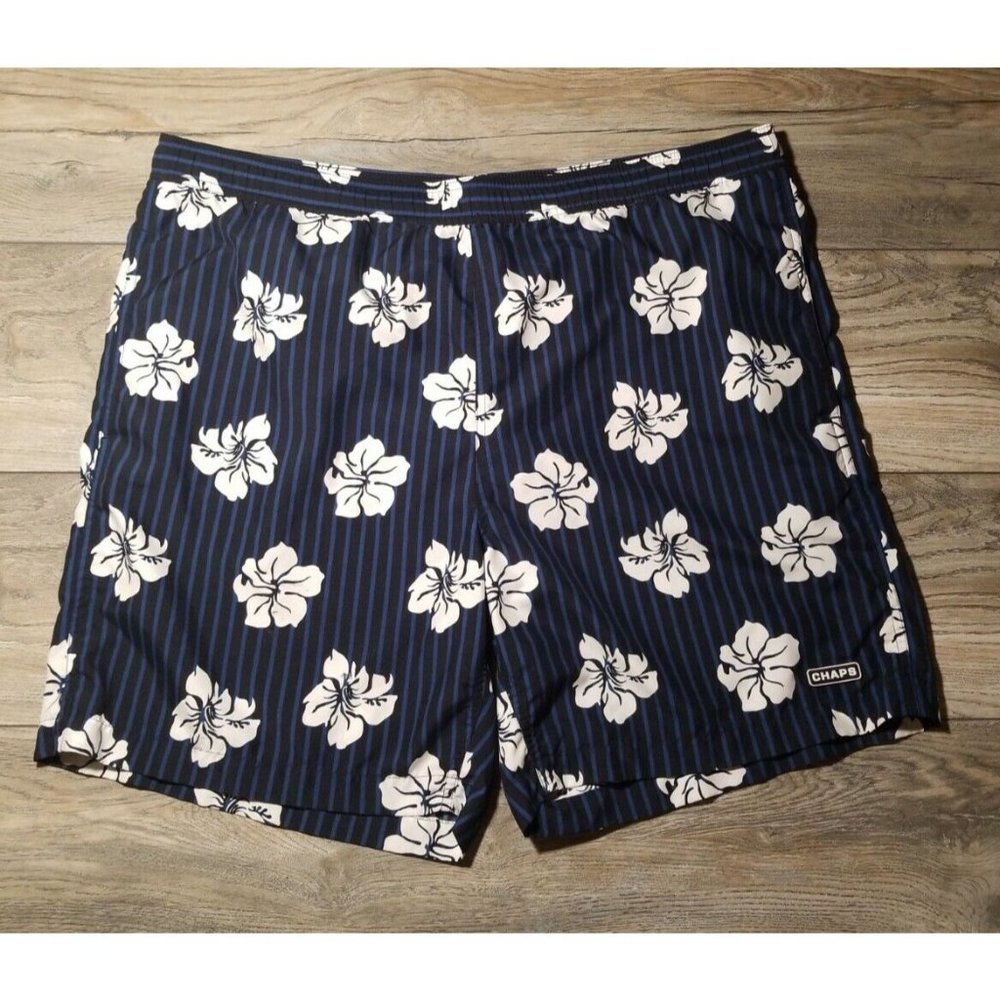 Chaps Men L 40" to 42" Waist Floral Swim Trunks Suit Beach Pool Hawaiian Blue
